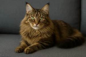 Large male Maine Coon relaxing on couch
