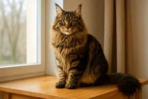 Maine Coon cat Ruby being held in owner’s arms