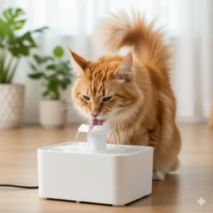 Maine Coon drinking water from a cat fountain to encourage hydration and prevent urinary issues