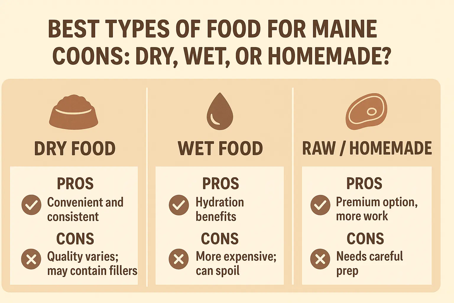 Comparison chart of dry, wet, and raw food options for Maine Coon cats