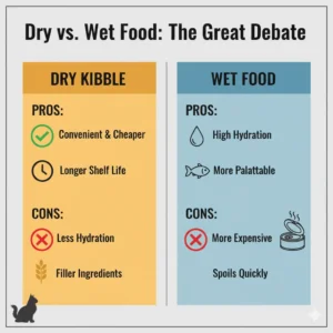 Infographic comparing pros and cons of dry kibble versus wet food for a Maine Coon diet and hydration