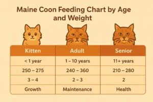 Maine Coon feeding chart by age and weight showing kitten, adult, and senior calorie needs