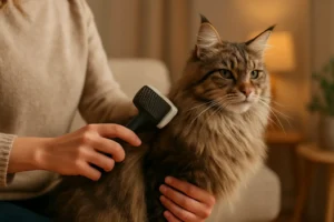 Maine Coon grooming at home, brushing a long-haired cat to prevent matting