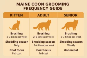 Maine Coon grooming frequency chart by age and season, brushing guide for long-haired cats