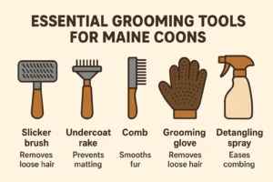Maine Coon grooming tools infographic, best brushes and combs for long-haired cats