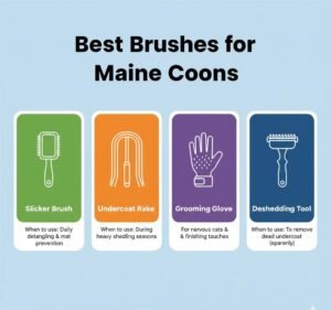 Infographic of best grooming tools and brushes for Maine Coons including slicker brush and undercoat rake