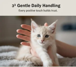 Gently handling a Maine Coon kitten to build trust and reduce shyness