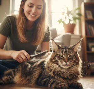How to groom a Maine Coon by brushing their long coat gently with a slicker brush
