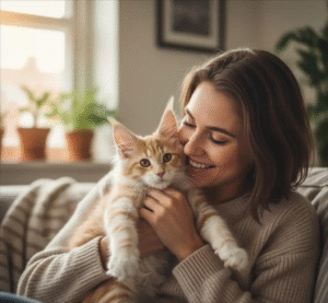 Maine Coon kitten care guide, owner cuddling a fluffy Maine Coon indoors