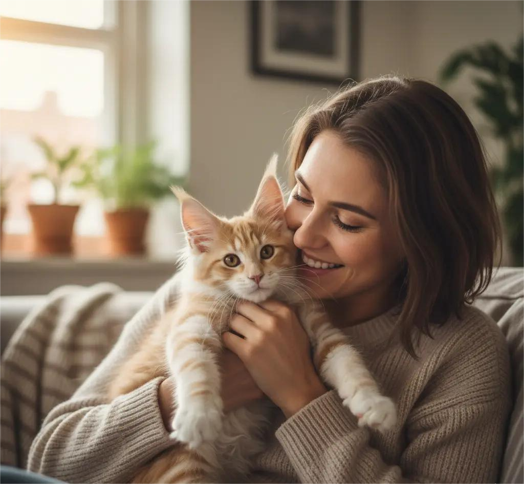 Maine Coon kitten care guide, owner cuddling a fluffy Maine Coon indoors