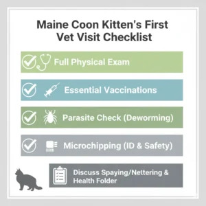 Maine Coon kitten first vet visit checklist infographic vaccinations and care essentials