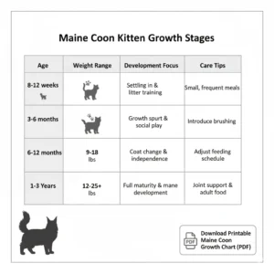 Maine Coon kitten growth stages infographic – size chart and milestones by age
