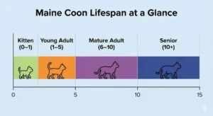 Maine Coon lifespan chart showing average age ranges and health focus areas