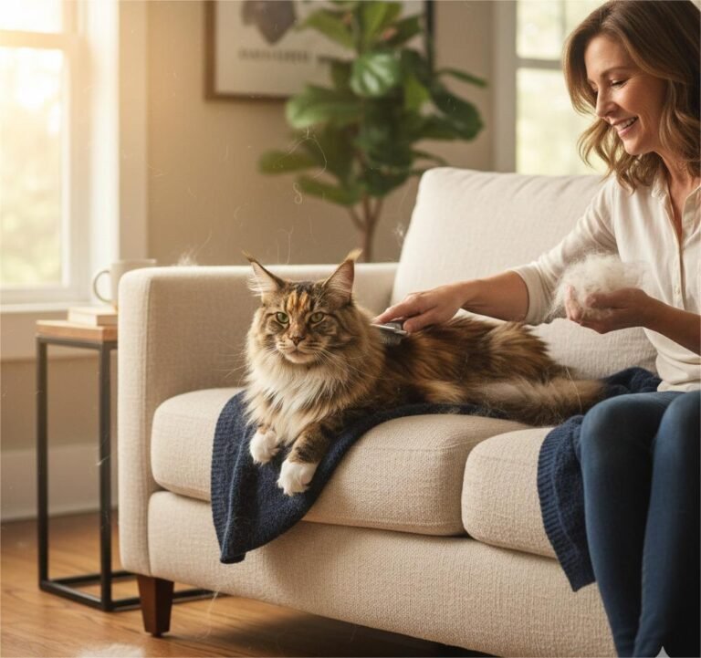 Maine Coon shedding season owner brushing long-haired cat during spring coat change