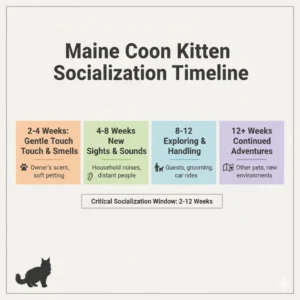 Maine Coon kitten socialization stages by age from 2 to 12 weeks