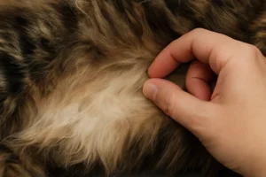 Checking Maine Coon coat for tangles and mats under belly and armpits