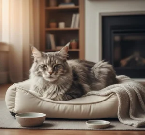 Senior Maine Coon resting comfortably with supportive bedding